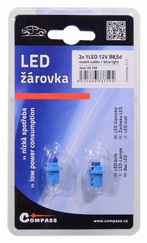 Žárovka 1LED 12V  B8,5d  modrá 2ks