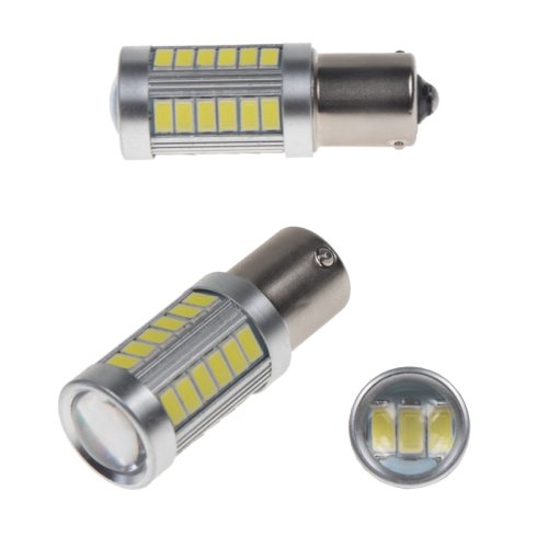 LED BA15s bílá, 12-24V, 33LED/5730SMD s čočkou