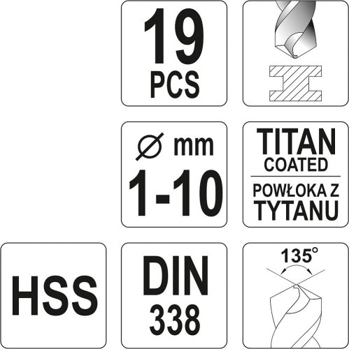 Sada vrtáků do železa HSS-TiN 19ks 1-10mm