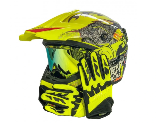 Výhodný set v žluté barvě - motokrossová helma, rukavice, brýle