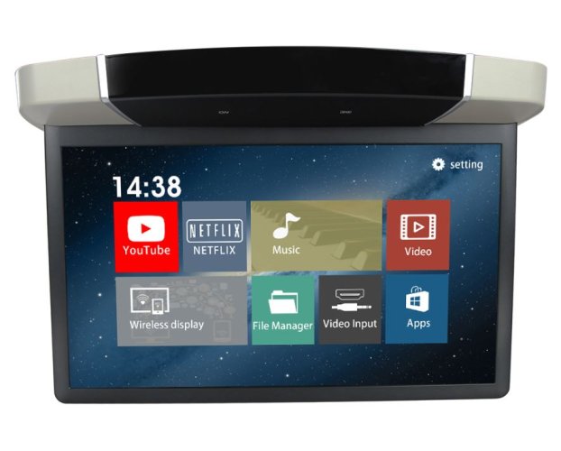 Stropní LCD monitor 15,6" šedý s OS. Android HDMI / USB, dálkové ovládání se snímačem pohybu