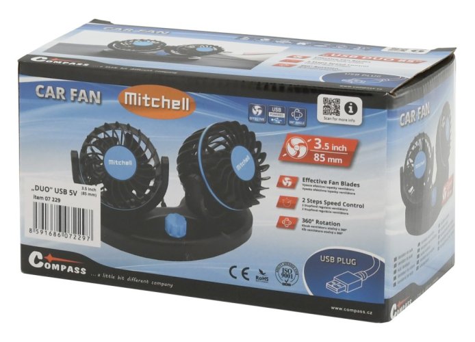 Ventilátor MITCHELL DUO 2x85mm USB 5V na palubní desku