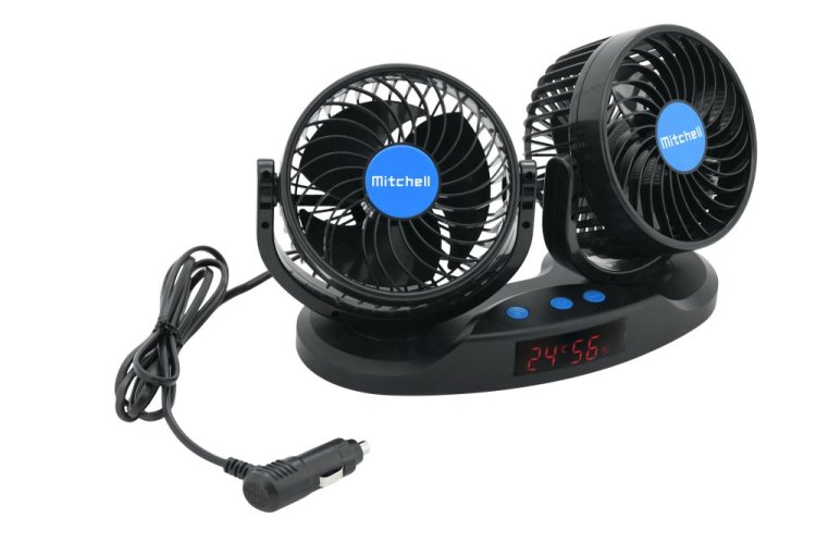 Ventilátor MITCHELL DUO 2x130mm 12V na palubní desku s teploměrem