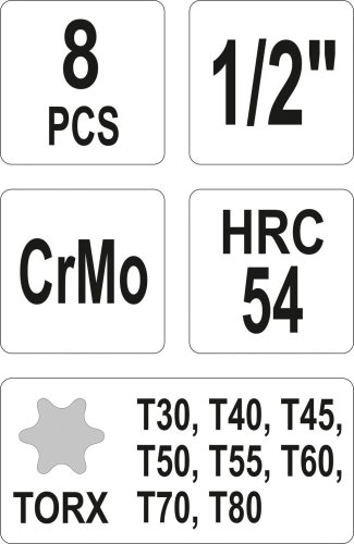 Sada nástavců 1/2" rázové 8 ks T30-T80 torx CrMo