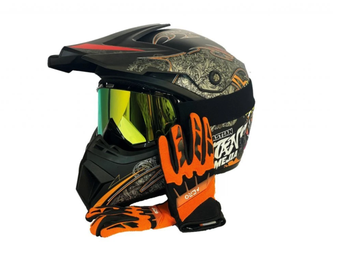 Výhodný set v černé barvě - motokrossová helma, rukavice, brýle