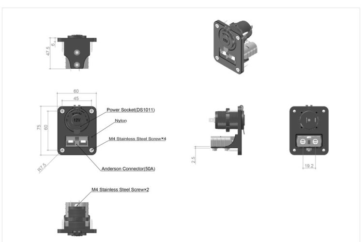 2x USB + Anderson zásuvka 50A do panelu