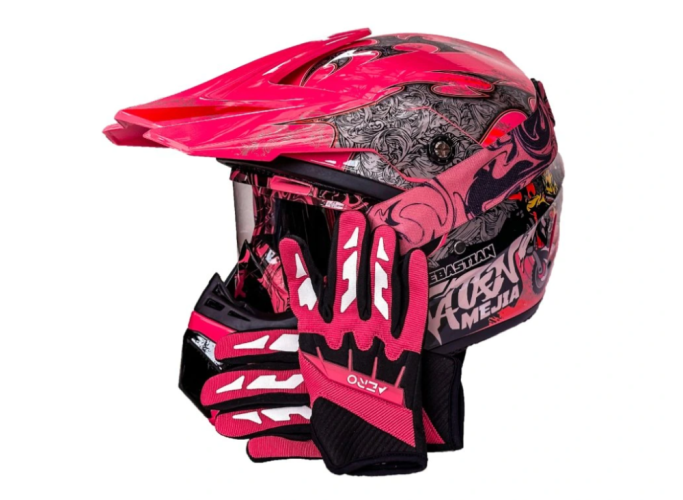 Výhodný set v růžové barvě - motokrossová helma, rukavice, brýle