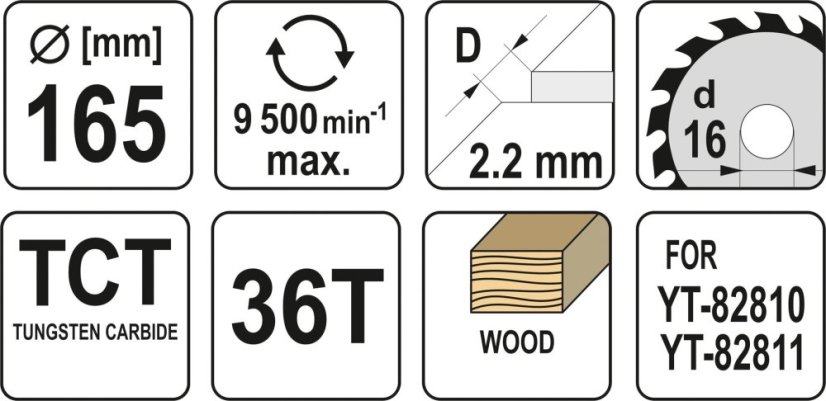 Kotouč na dřevo TCT 165 x 16 mm 36z (pro YT-82810, YT-82811)