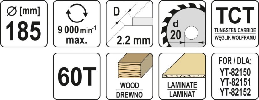 Kotouč na dřevo TCT 185 x 20 mm 60z (pro YT-82150, YT-82151, YT-82152)