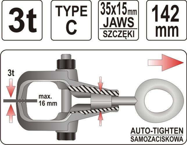 Svěrka karosářská samosvorná k tahání typ C, 3t 142mm