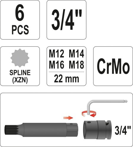 Sada nástavců 3/4" rázové 6 ks M12-M18 vícezubé CrMo