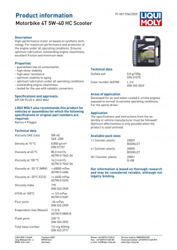 Liqui Moly Oil 4 Stroke - Semi Synth - HC Scooter - 5W-40 20L # 20831 # API-SN JASO-MA2