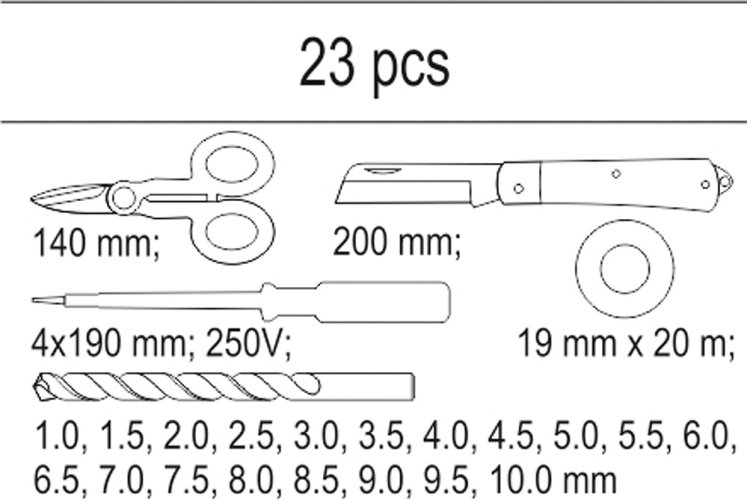 Vložka do zásuvky - izol. páska, zkoušečka, nůžky, montážní nůž, sada vrtáků 1-10mm