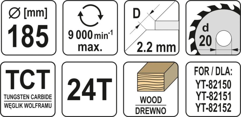 Kotouč na dřevo TCT 185 x 20 mm 24z (pro YT-82150, YT-82151, YT-82152)