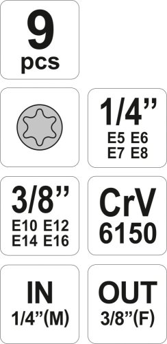 Sada nástavců 1/4", 3/8"  TORX 9 ks E5-E16